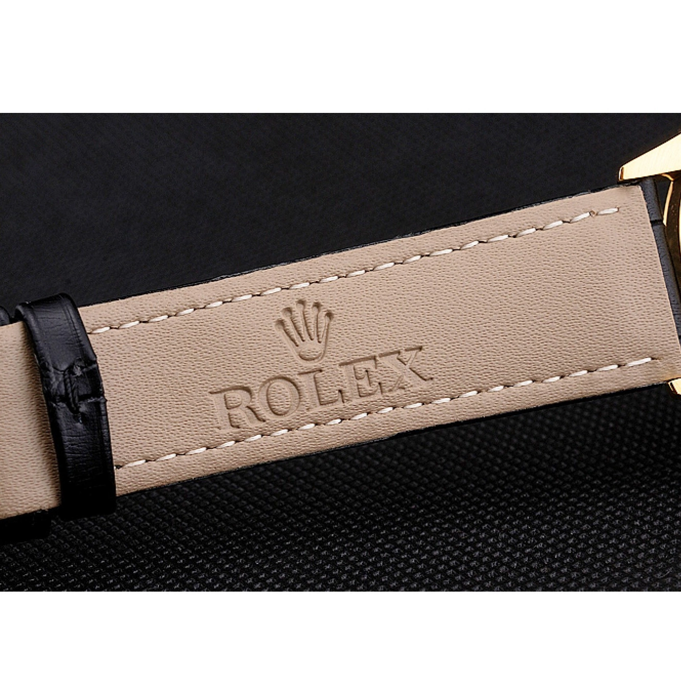 AAA replica watch Case Gold Swiss Black Leather Strap Datejust Black Dial Rolex 0728